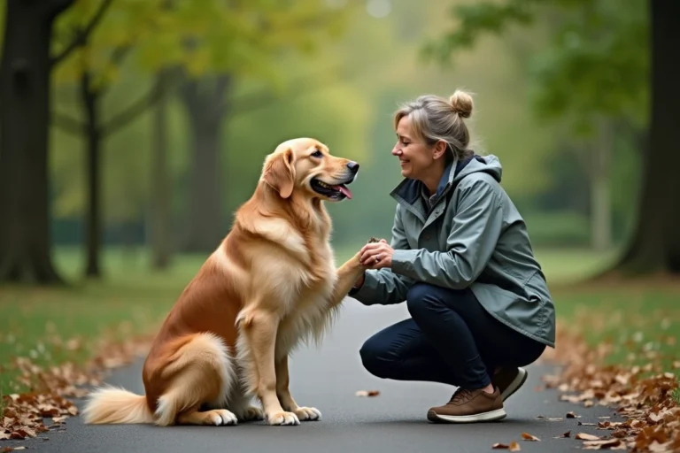 Femme en veste casual avec un retriever dans un parc