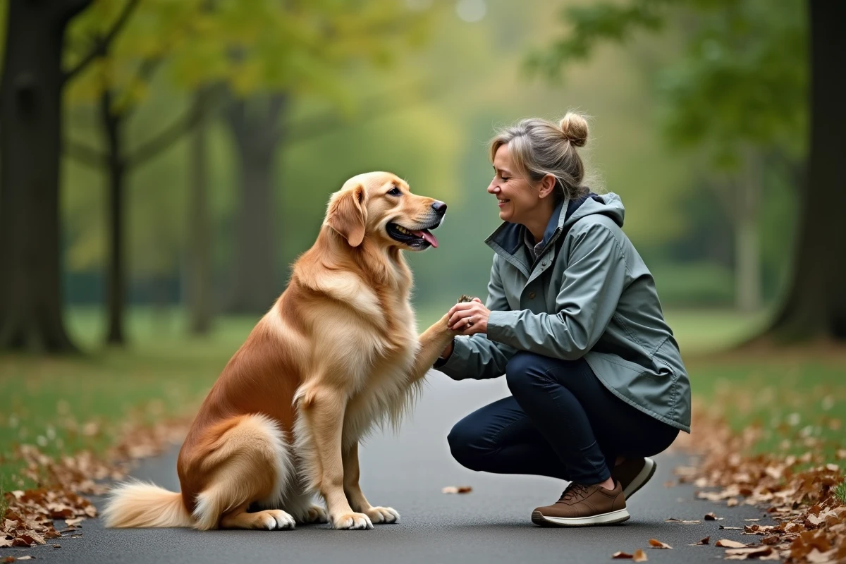 Femme en veste casual avec un retriever dans un parc