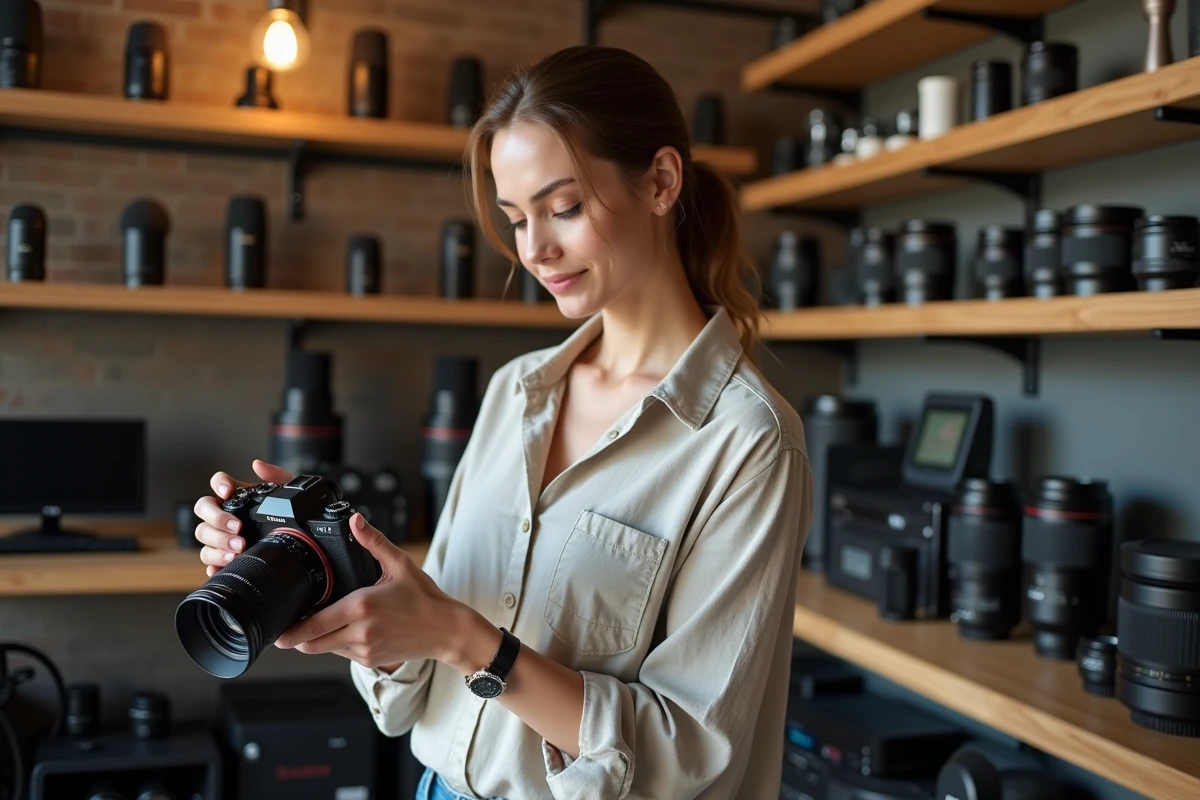 Jeune femme inspectant un appareil photo en boutique vidéo