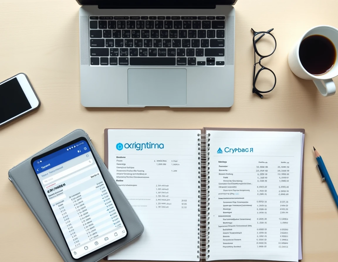 Vue de dessus d'un bureau organisé avec documents fiscaux crypto imprimés, ordinateur portable et smartphone affichant Crypto.com