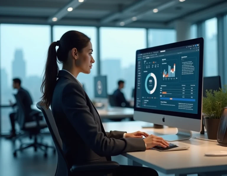 Femme d'affaires utilisant des services informatiques sur-mesure sur plusieurs écrans dans un bureau moderne