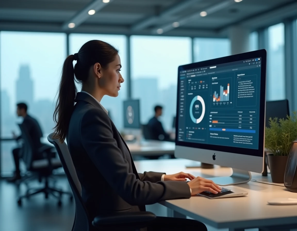 Femme d'affaires utilisant des services informatiques sur-mesure sur plusieurs écrans dans un bureau moderne