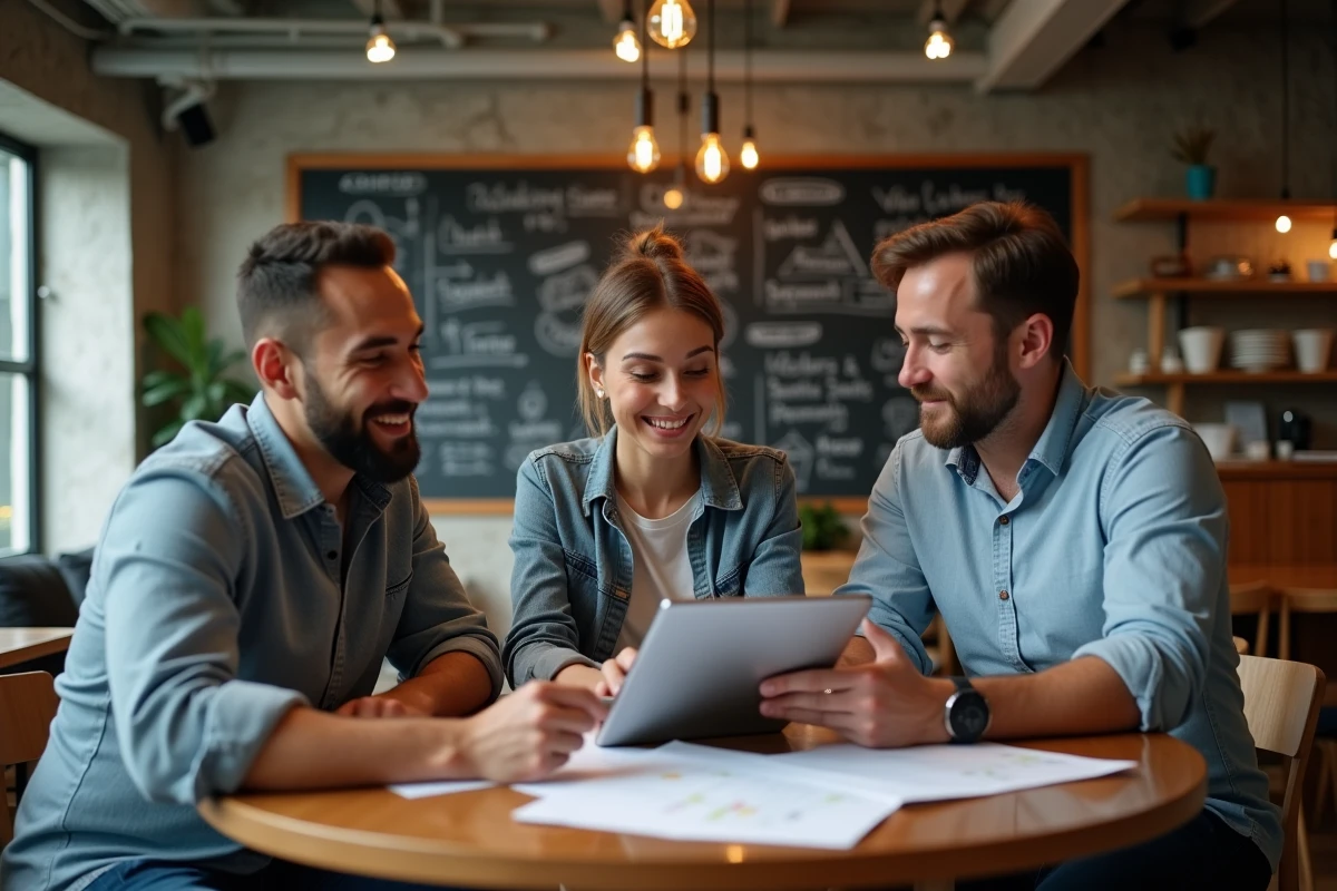 Groupe d'entrepreneurs collaborant autour d'un pitch deck dans un espace incubateur dynamique, symbolisant la réussite collective avec Entrepreneur Land