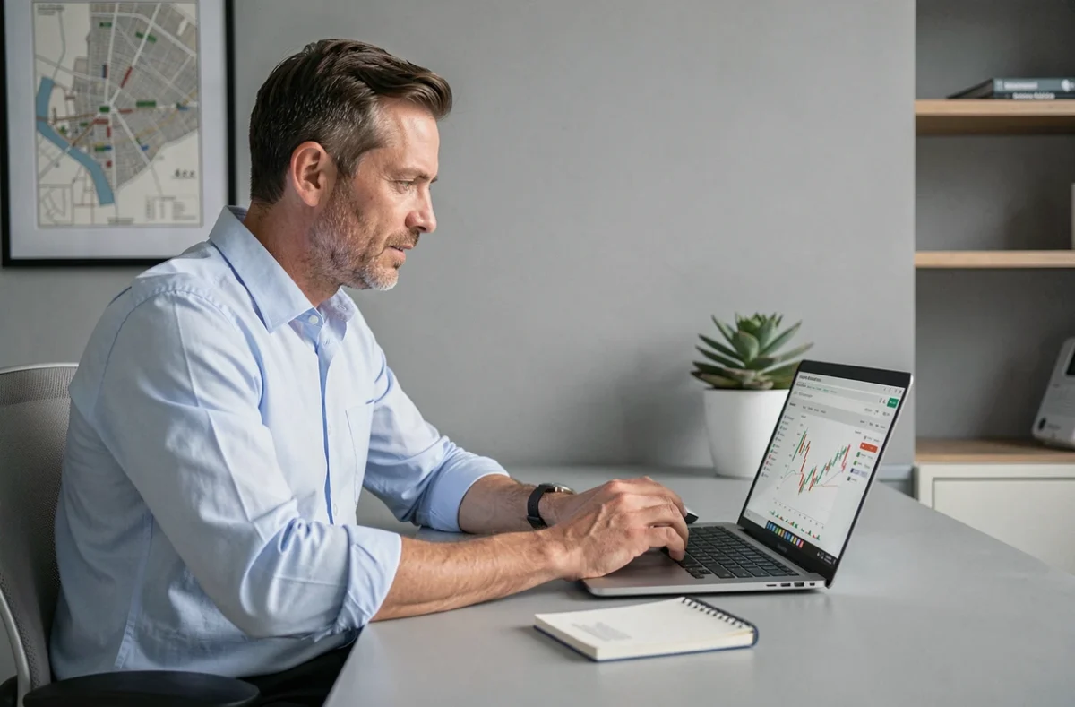 Homme consultant des graphiques financiers sur un ordinateur portable dans un bureau à domicile moderne