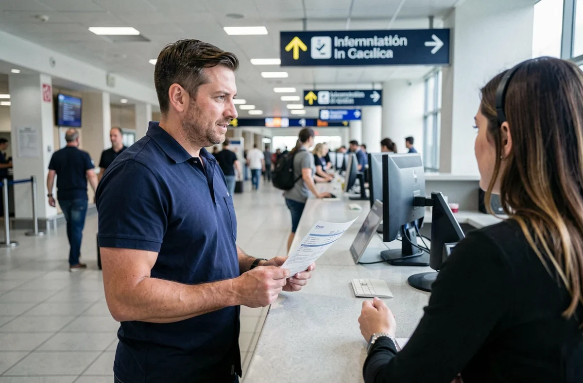 Un homme s'informant auprès d'un agent à un comptoir d'aéroport pour organiser son voyage