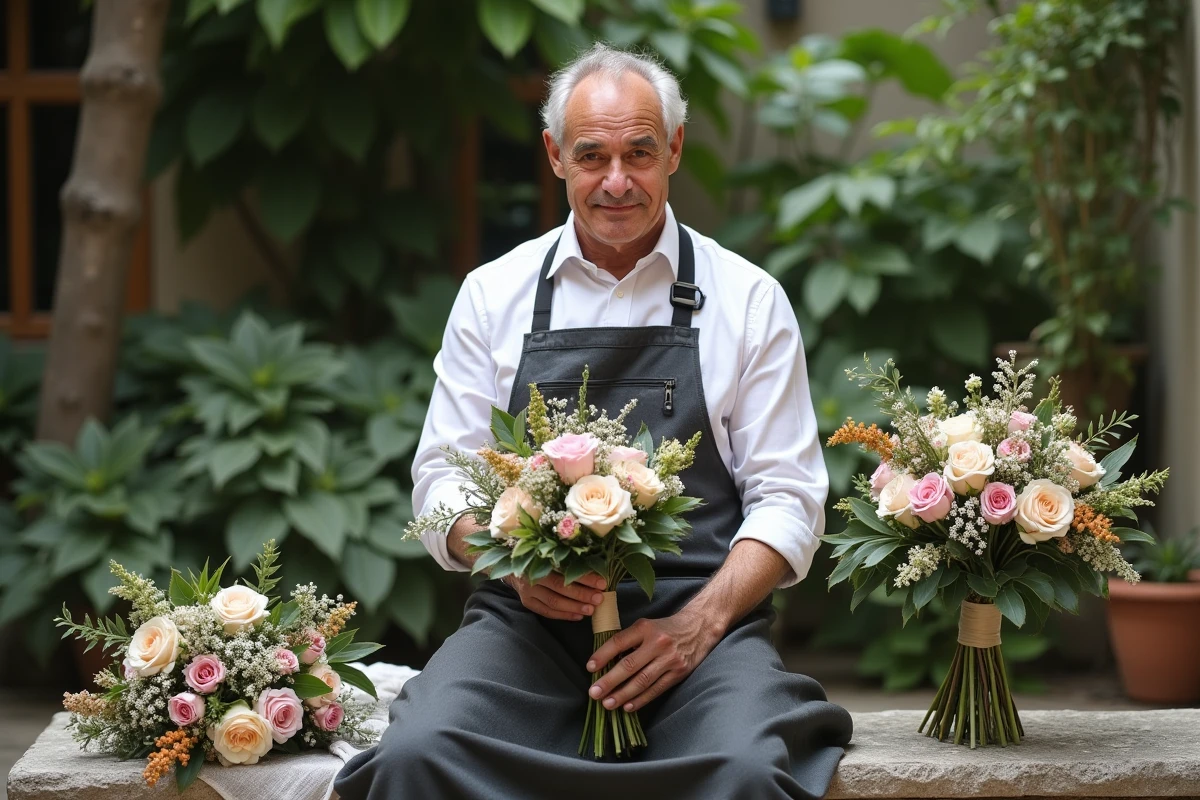 Fleuriste arrangeant des bouquets de mariage en extérieur