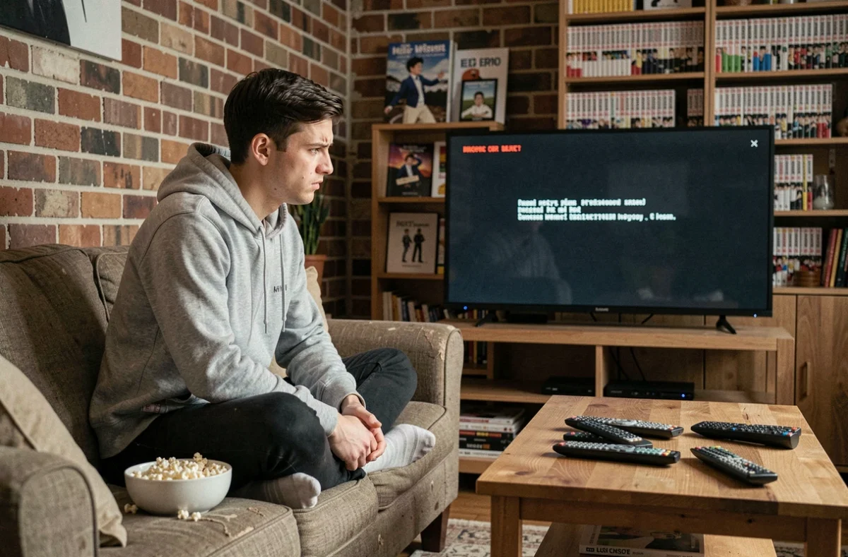 Jeune homme frustré assis sur un canapé face à un écran de télévision affichant une erreur, incapable de regarder ses séries animées en streaming