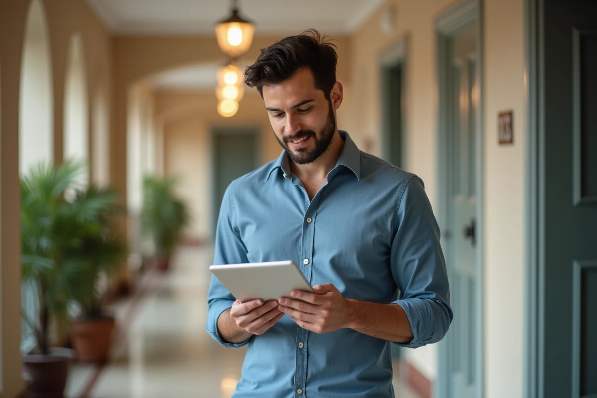 Jeune homme utilise une tablette dans le couloir d