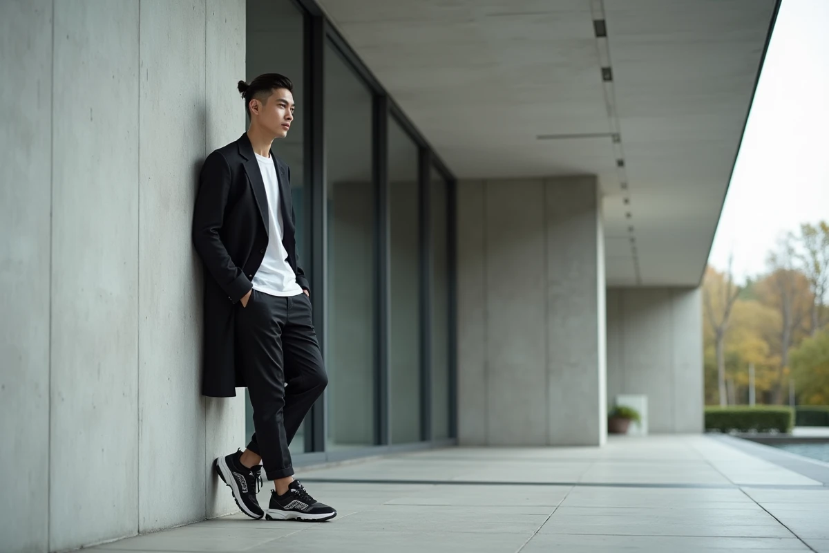 Homme moderne en manteau monochrome dans un environnement urbain