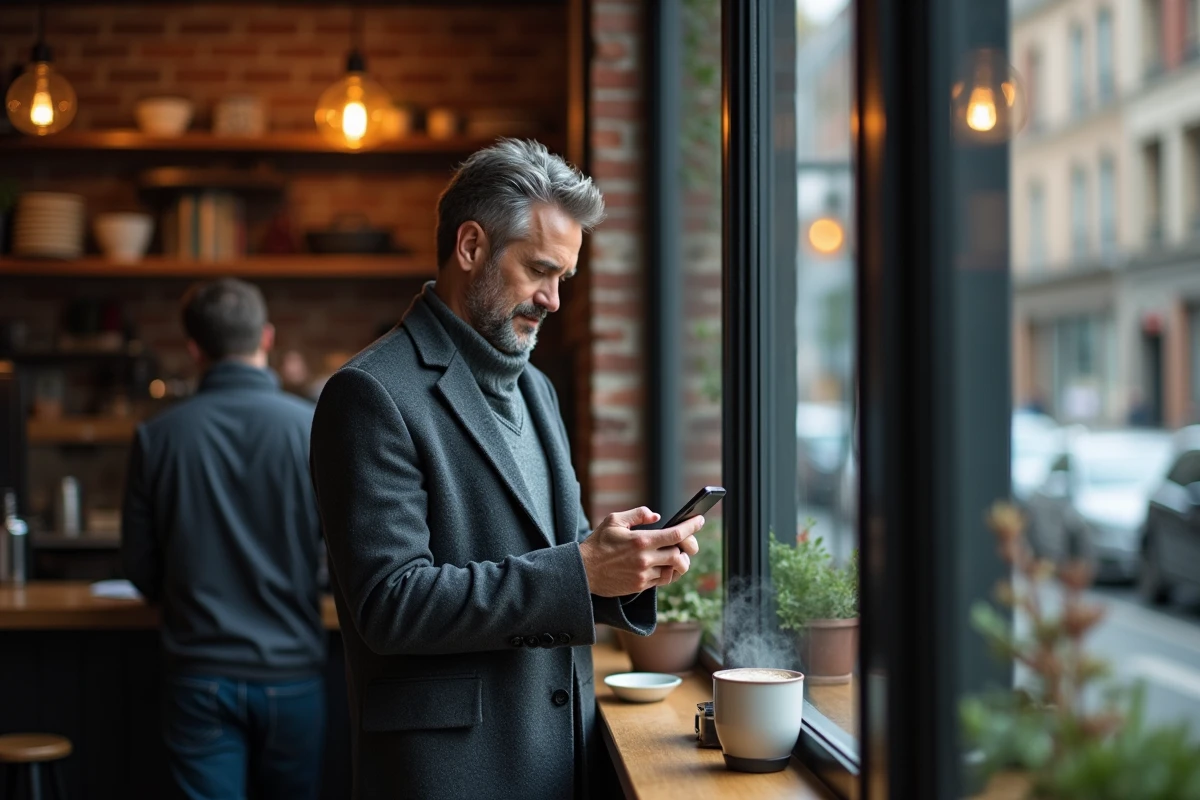 Homme consultant les actualités sur smartphone dans un café urbain en milieu de semaine