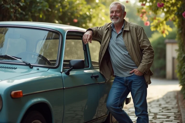 Homme d'âge moyen posant près d'une voiture classique française
