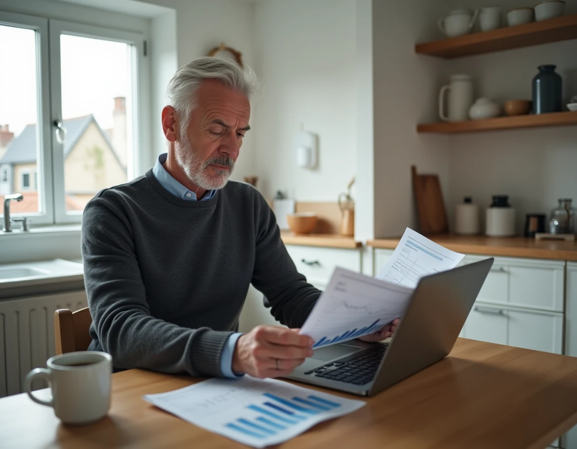Investisseur immobilier expérimenté consultant un rapport de marché et des graphiques de tendances sur ordinateur portable chez lui
