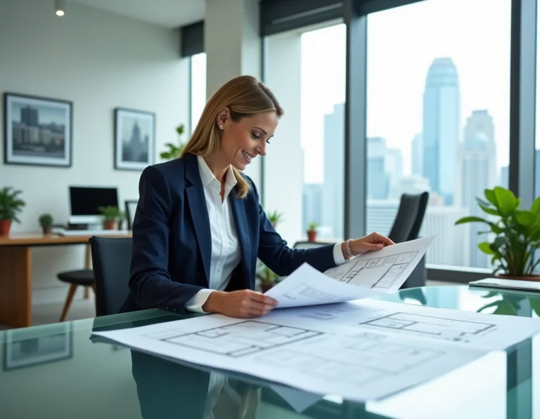 Investisseuse immobilière analysant des plans architecturaux dans une agence moderne avec vue sur la ville