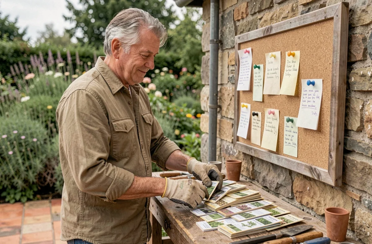 Jardinier expérimenté triant des sachets de graines et des notes de jardinage sur un établi en bois rustique