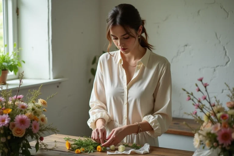 Jeune femme choisissant des fleurs pour un bouquet de mariage