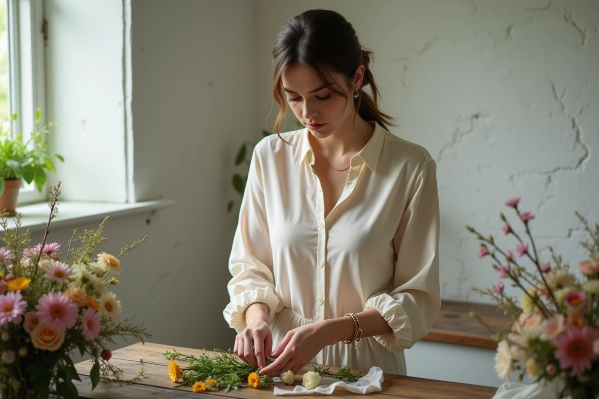Jeune femme choisissant des fleurs pour un bouquet de mariage
