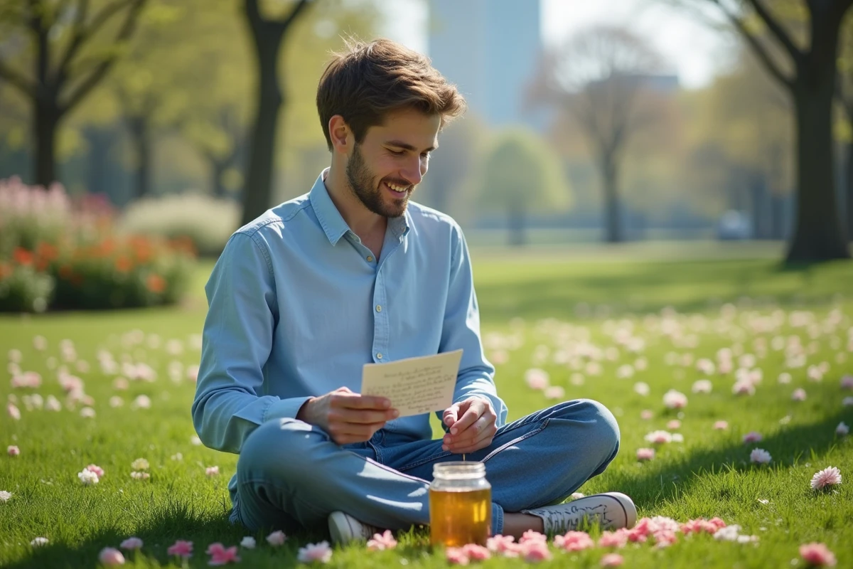 Jeune homme dans un parc avec un pot de miel et une note écrite