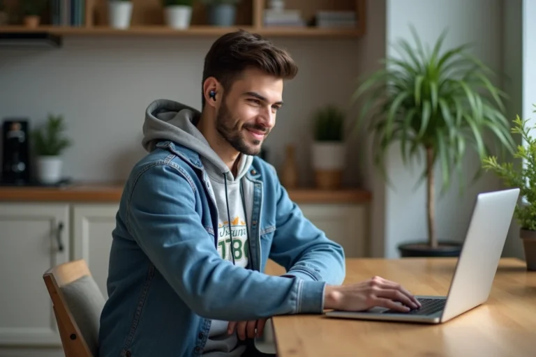 Jeune homme concentré avec laptop dans une cuisine moderne