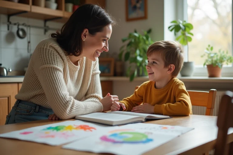 Maman et son enfant de six ans dans une cuisine chaleureuse