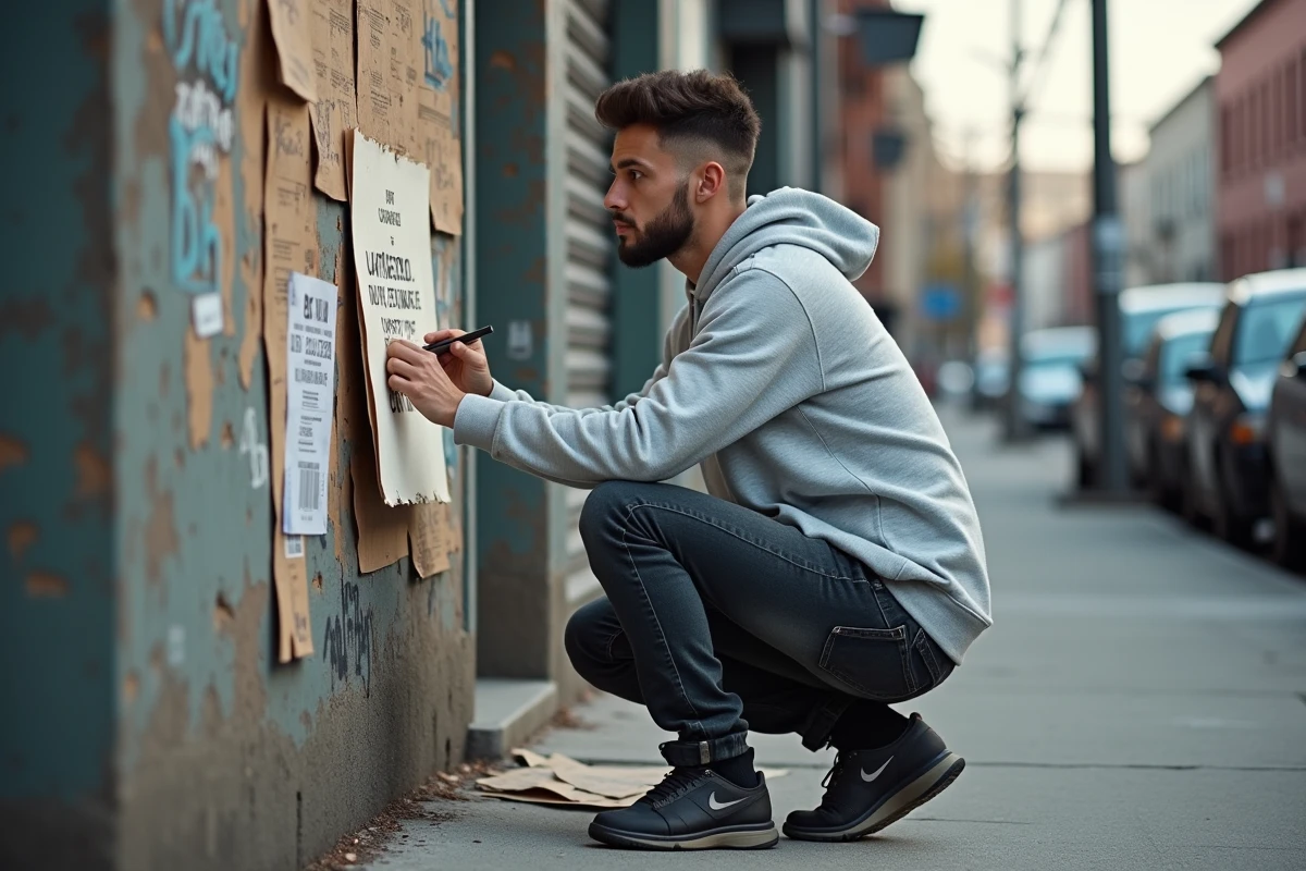 Jeune militant collant une affiche politique sur un mur urbain dans un quartier populaire français