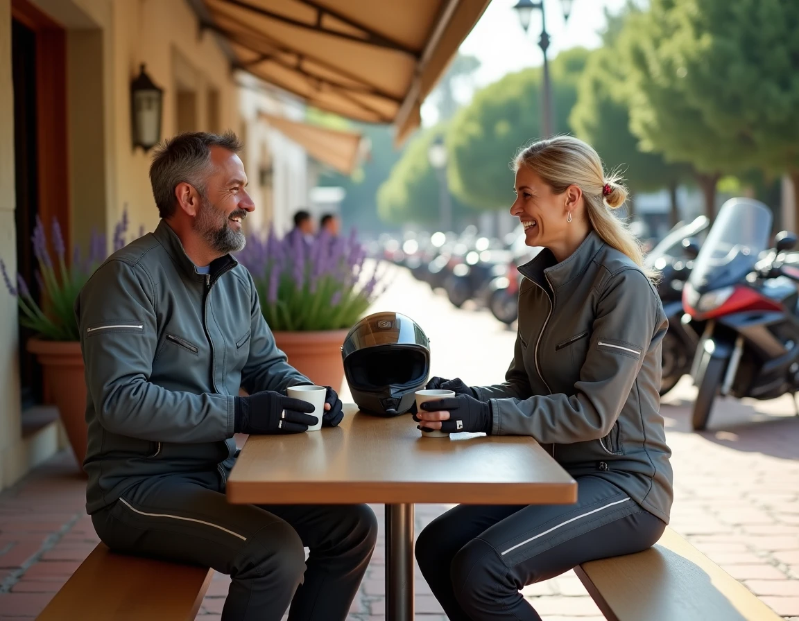 Deux motards partageant un café en terrasse en Provence avec leurs motos garées derrière eux