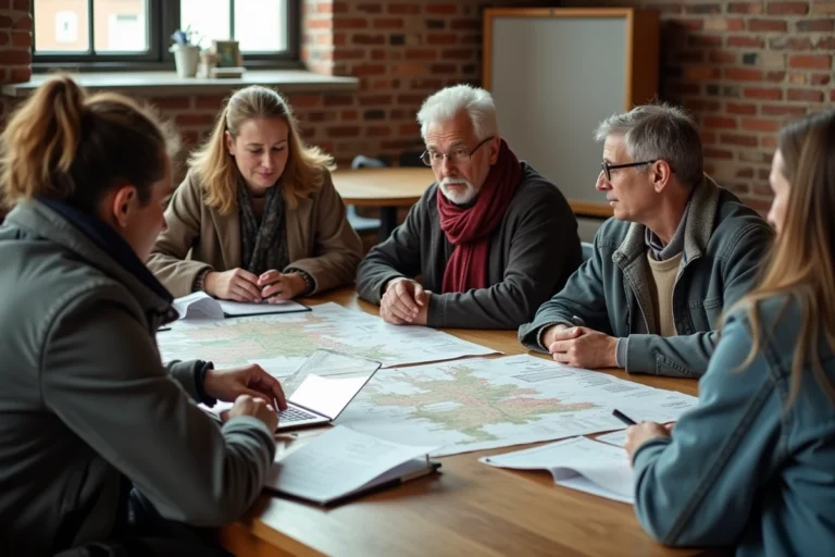 Militants citoyens engagés réunis autour d'une table de travail dans une salle communautaire, planifiant une action politique locale