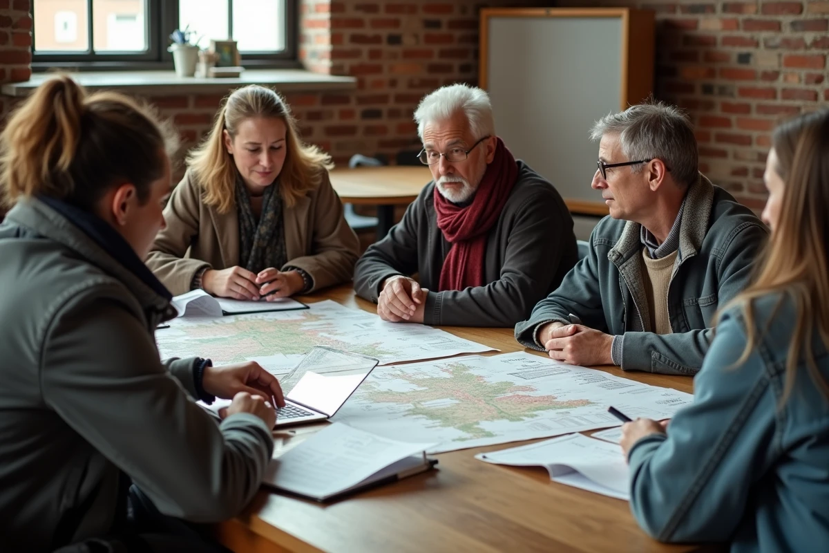 Militants citoyens engagés réunis autour d'une table de travail dans une salle communautaire, planifiant une action politique locale