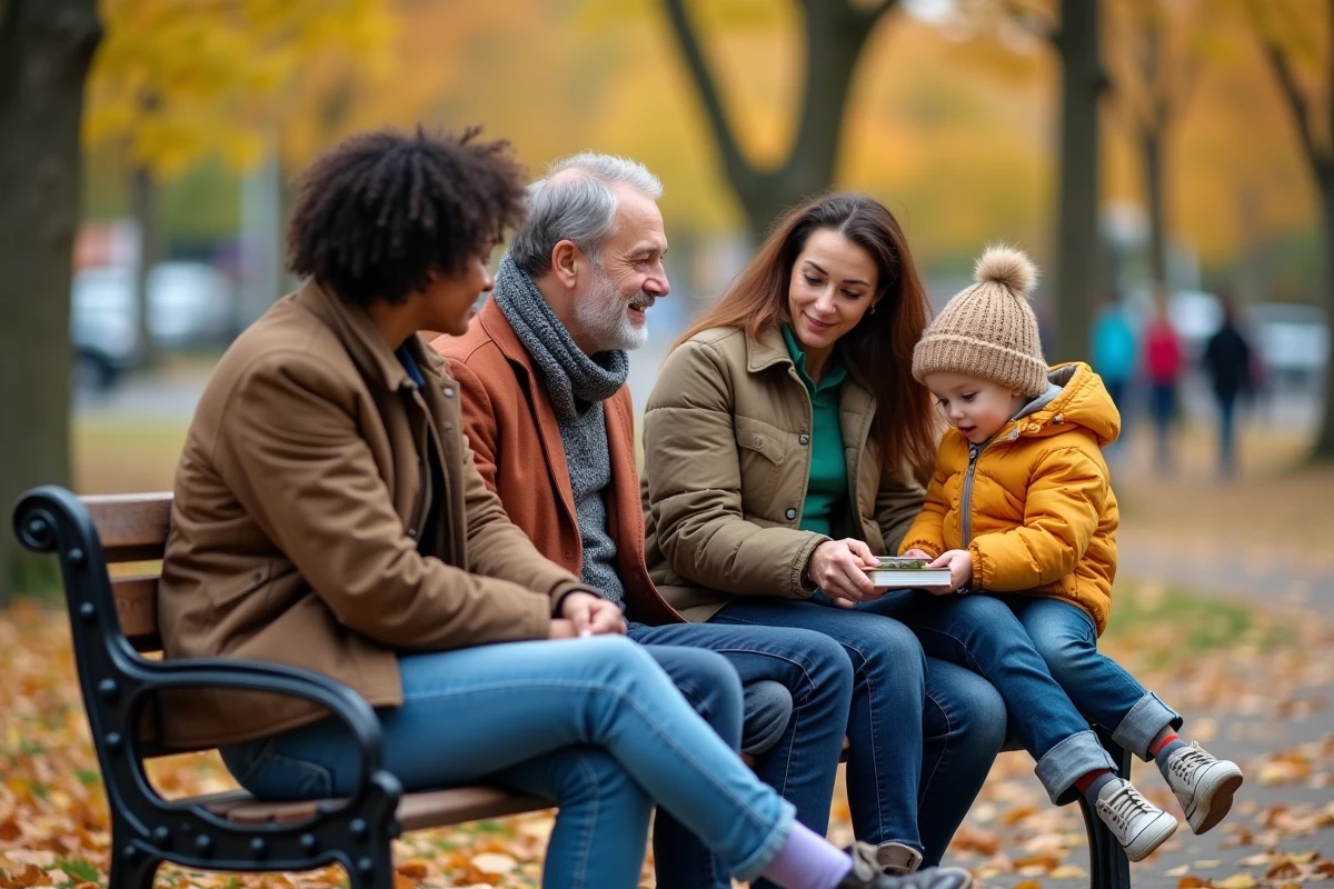 Groupe de parents discutant dans un parc avec un enfant jouant