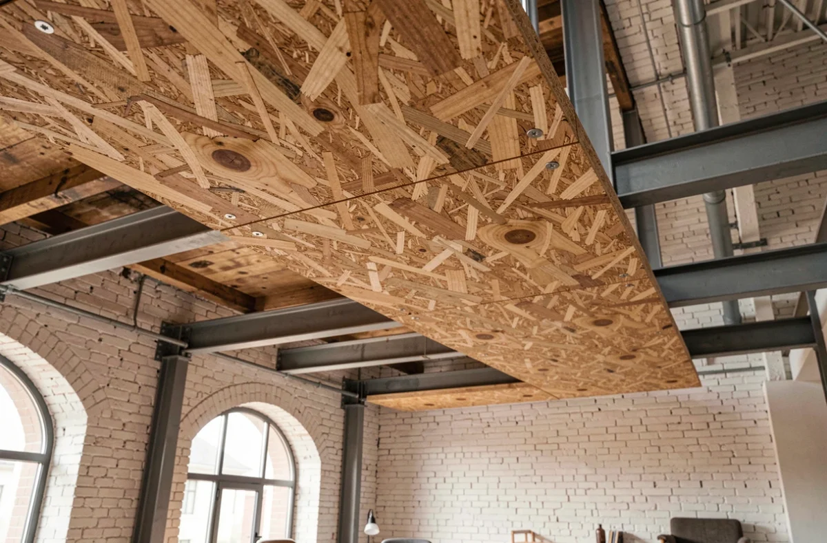 Plafond en panneaux OSB bois dans un loft industriel moderne avec poutres métalliques