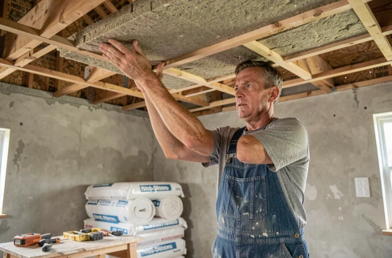 Artisan posant un panneau de laine minérale au plafond lors d'une rénovation intérieure