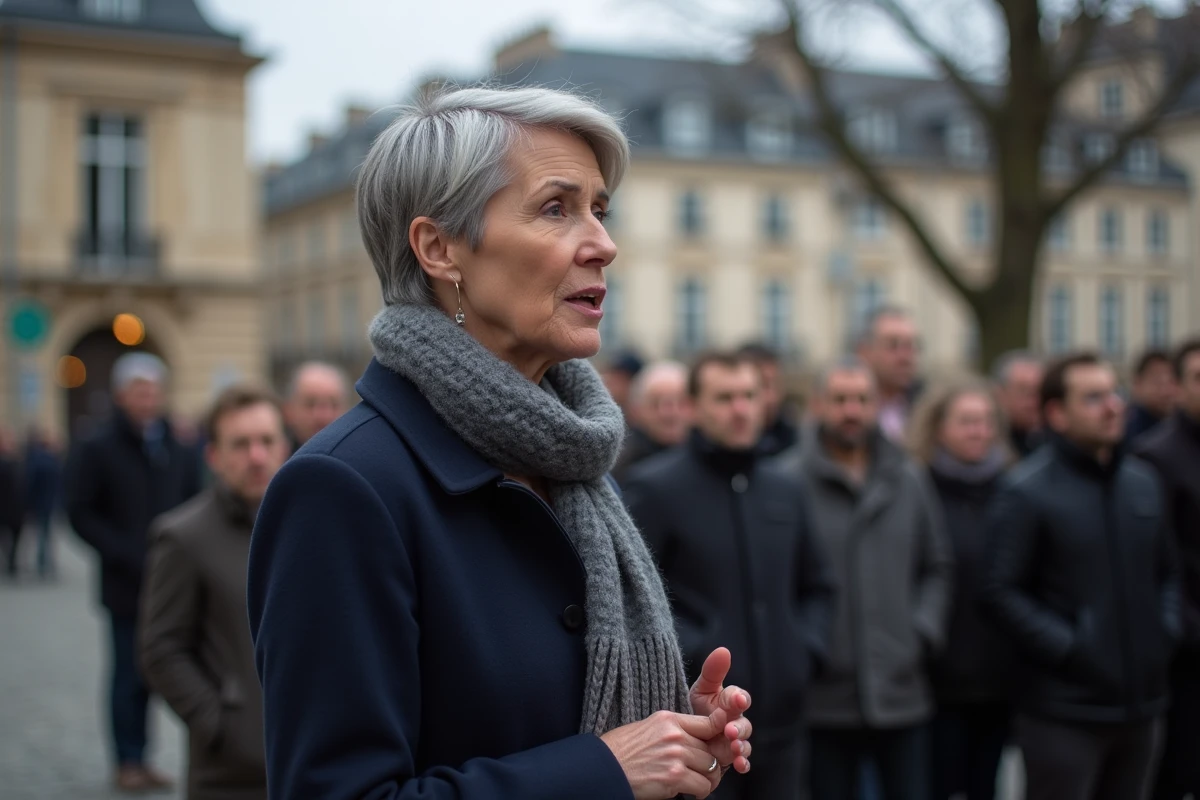 Femme militante prenant la parole lors d'un rassemblement citoyen sur une place publique en France