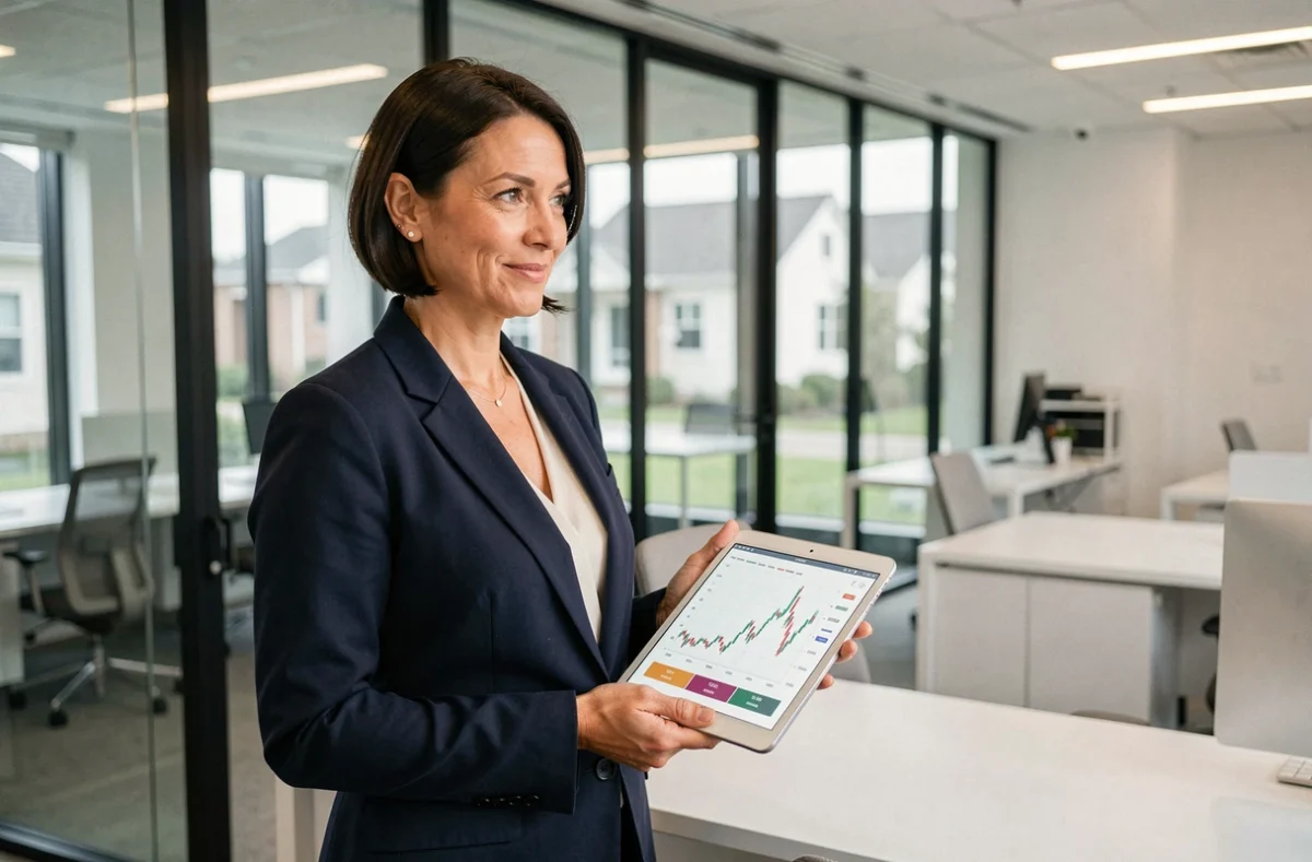 Professionnelle de l'immobilier consultant les tendances du marché sur une tablette dans une agence moderne