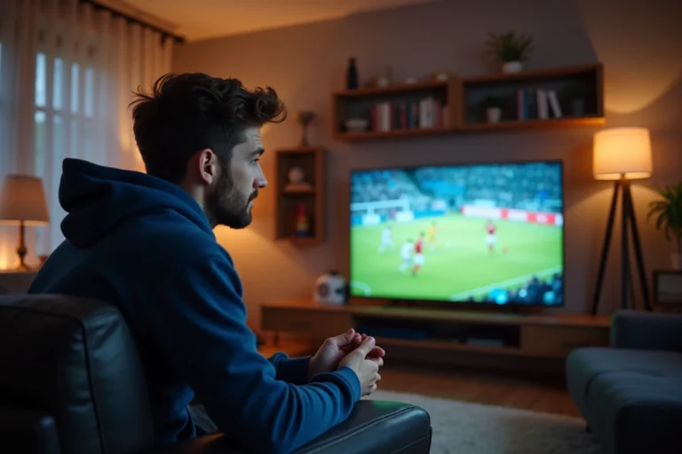 Jeune homme regardant un match de football en direct sur un téléviseur dans un salon moderne