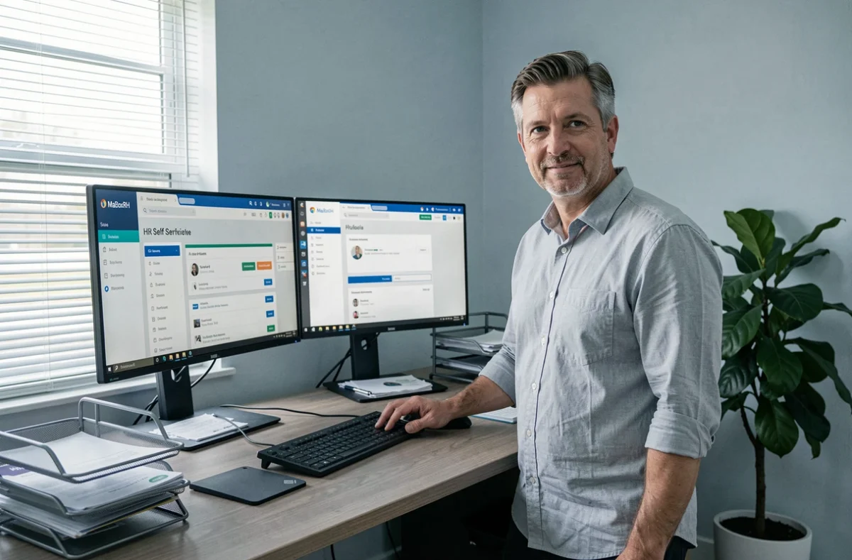 Salarié consultant la plateforme MaBoxRH sur un poste de travail double écran dans un bureau privé
