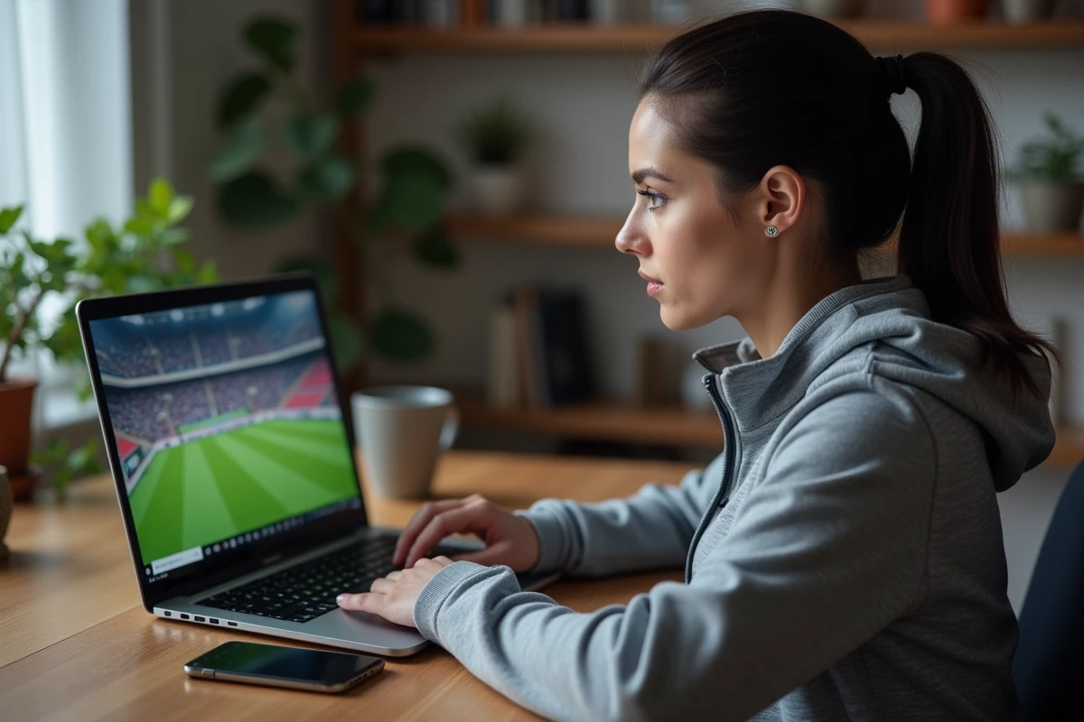 Femme consultant un stream sportif en direct sur ordinateur portable dans un bureau à domicile