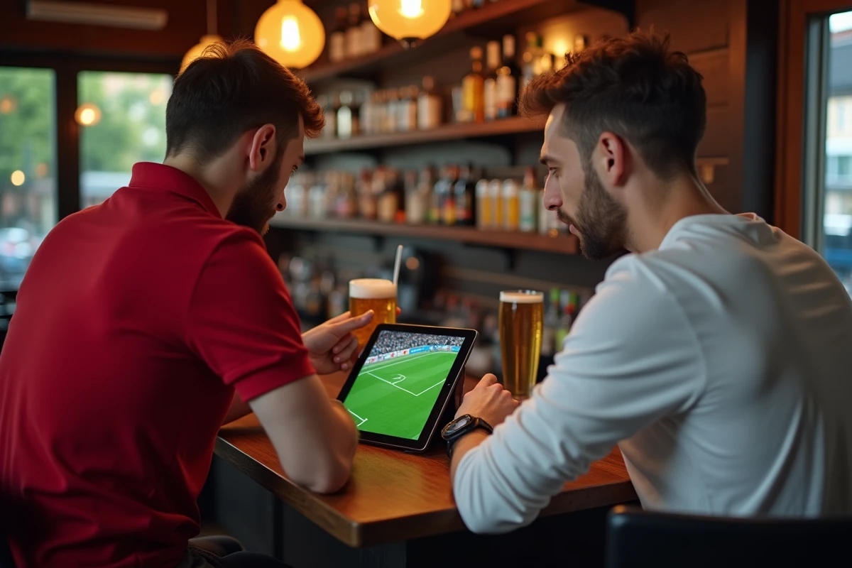 Deux amis regardant un match en streaming sur tablette dans un bar sportif