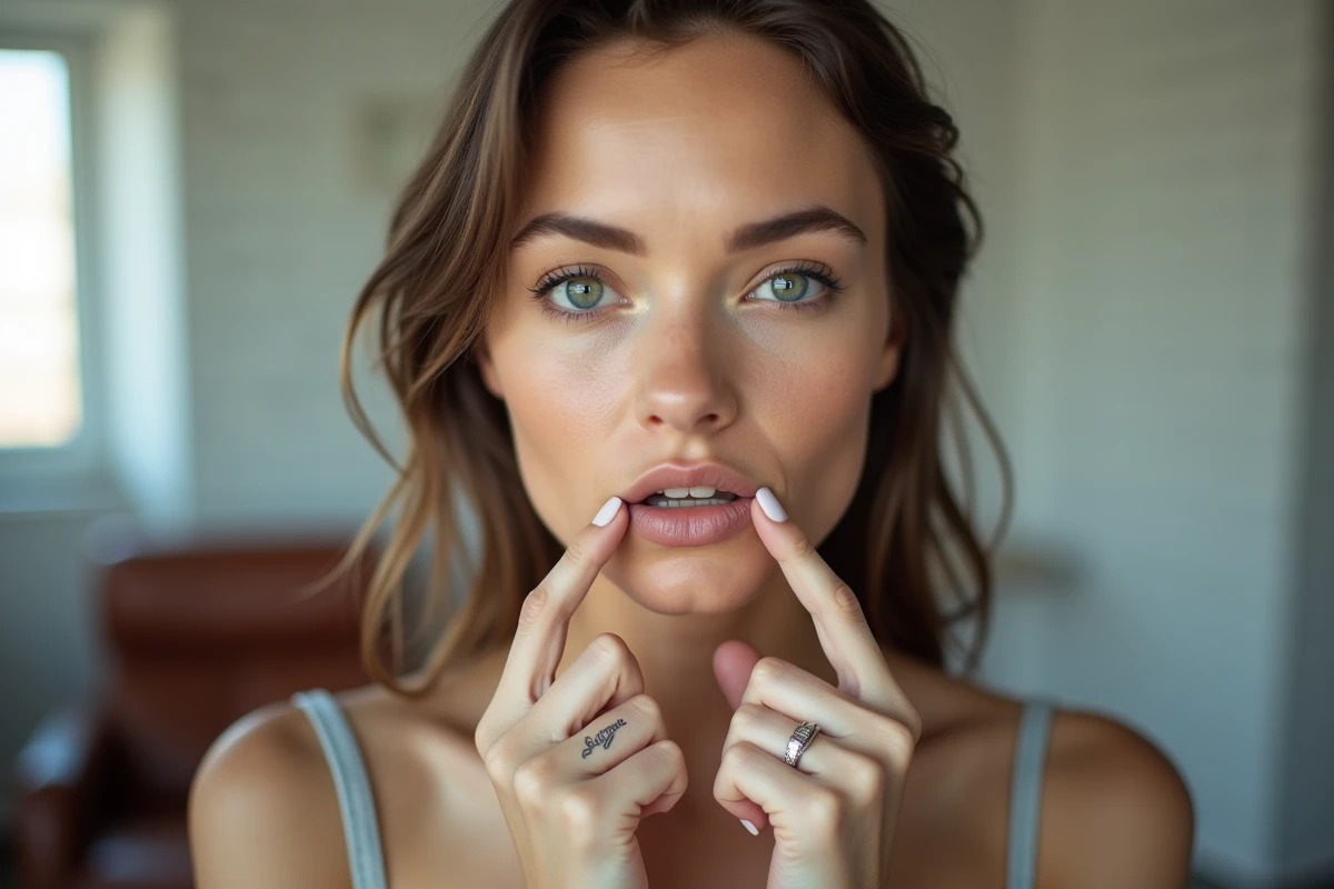 Jeune femme montrant son tatouage sur la lèvre intérieure avec un mot en lettres noires