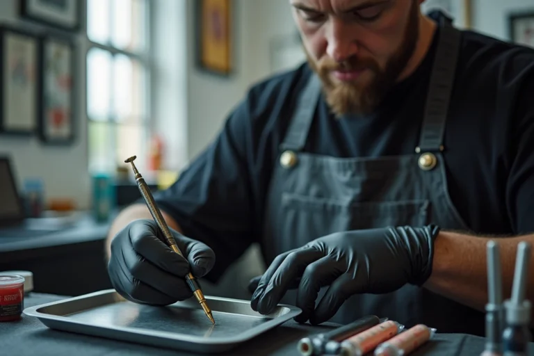 Tatoueur professionnel préparant son matériel pour un tatouage lèvre intérieure dans un studio moderne