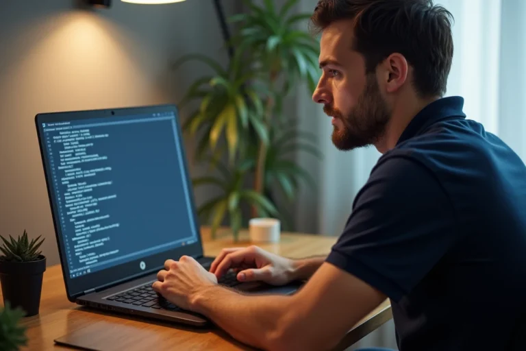 Technicien informatique accédant au menu BIOS UEFI sur un ordinateur portable HP pour modifier les paramètres de démarrage