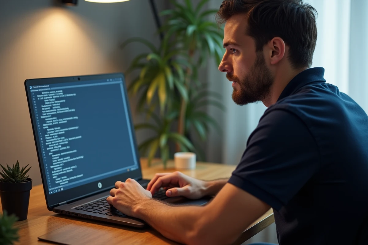 Technicien informatique accédant au menu BIOS UEFI sur un ordinateur portable HP pour modifier les paramètres de démarrage