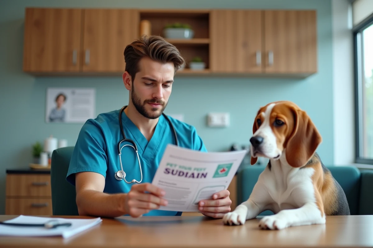 Vétérinaire en blouse avec un beagle dans la clinique