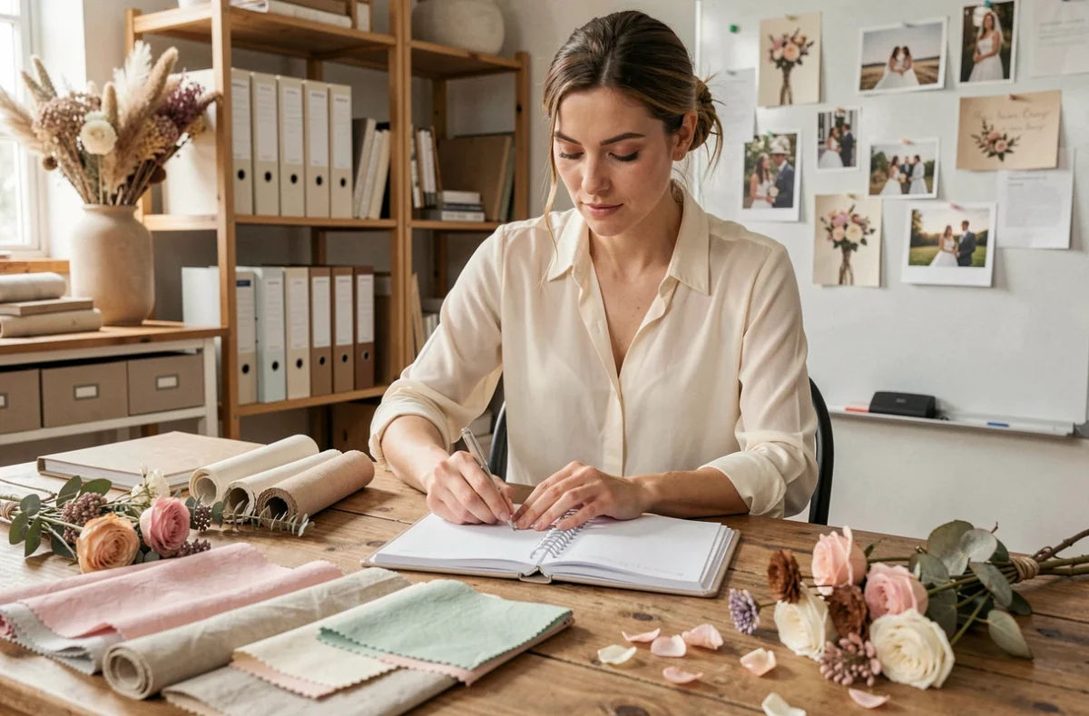 Wedding planner organisant des échantillons de tissus et un carnet de mariage dans un studio de planification